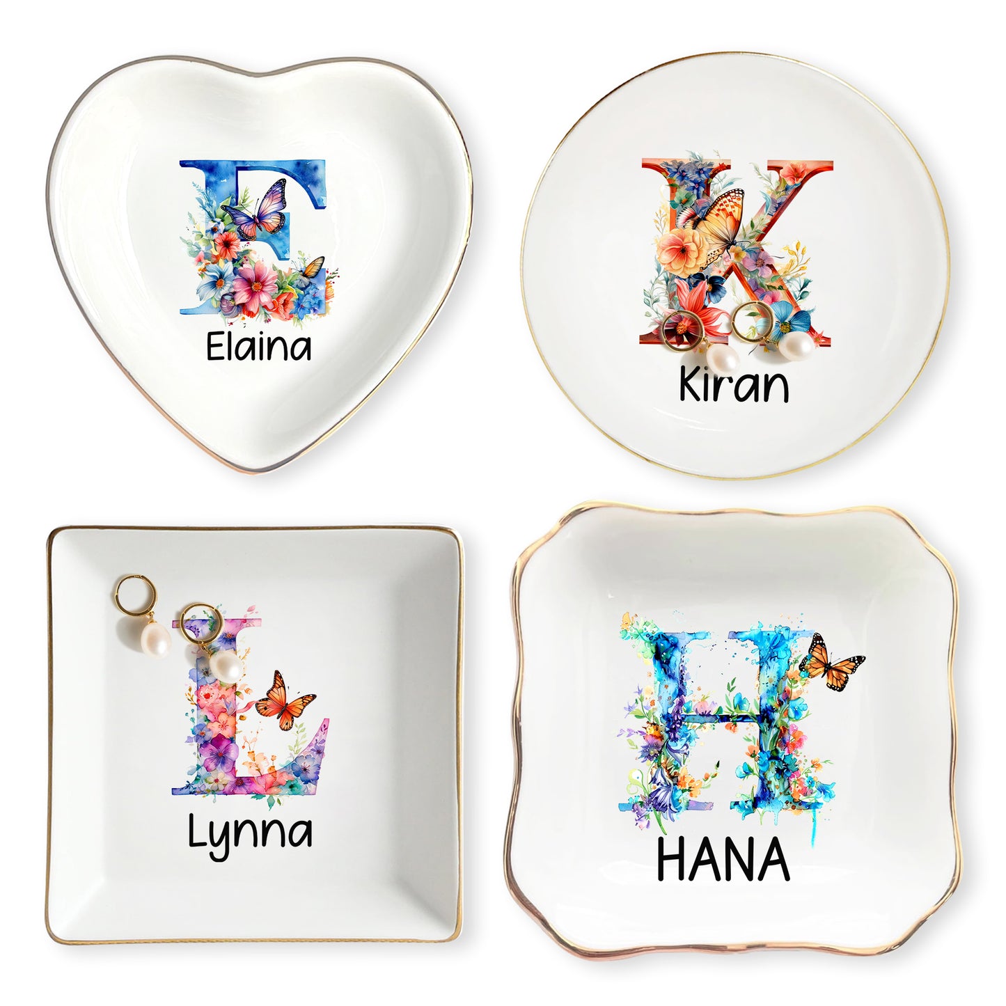 Netecom Personalized Floral Initial Jewelry Tray, Custom Ceramic Tray for Jewelry Storage or as a Gift for Special Occasions