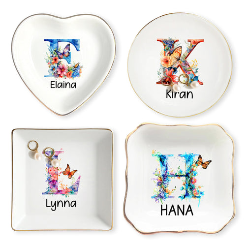 Netecom Personalized Floral Initial Jewelry Tray, Custom Ceramic Tray for Jewelry Storage or as a Gift for Special Occasions