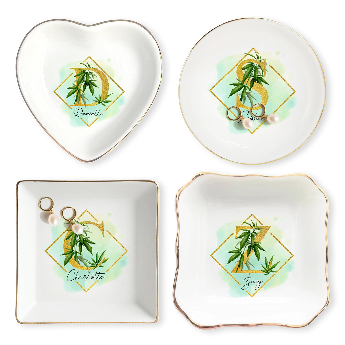 Netecom Custom Cannabis Jewelry Tray with Initials, Personalized Ceramic Tray with Gold Cannabis Design for Gifts or Home Decor