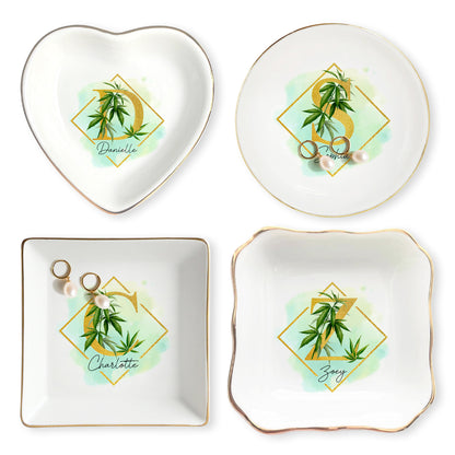 Netecom Custom Cannabis Jewelry Tray with Initials, Personalized Ceramic Tray with Gold Cannabis Design for Gifts or Home Decor