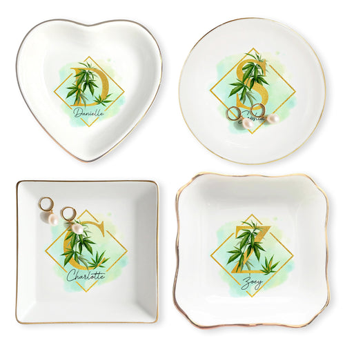 Netecom Custom Cannabis Jewelry Tray with Initials, Personalized Ceramic Tray with Gold Cannabis Design for Gifts or Home Decor