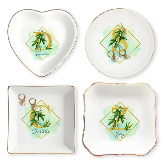 Netecom Custom Cannabis Jewelry Tray with Initials, Personalized Ceramic Tray with Gold Cannabis Design for Gifts or Home Decor