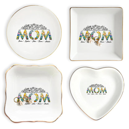 Netecom Personalized Floral "MOM" Ceramic Ring Dish , Custom Names Jewelry Tray , Elegant Mother’s Day Gift for Mom & Grandma