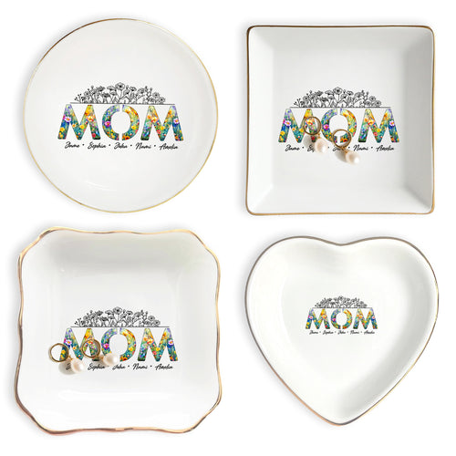 Netecom Personalized Floral "MOM" Ceramic Ring Dish , Custom Names Jewelry Tray , Elegant Mother’s Day Gift for Mom & Grandma
