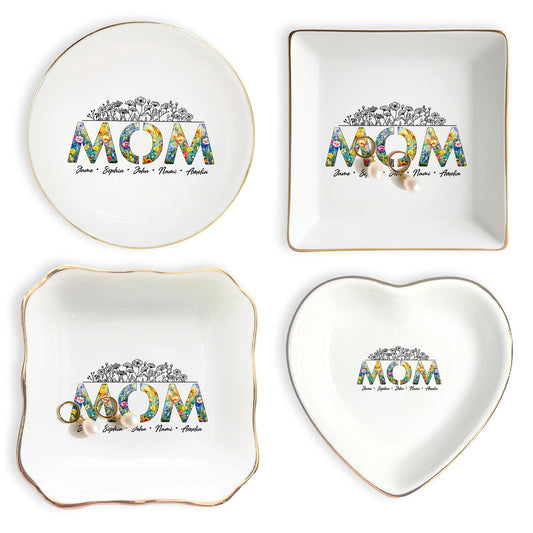 Netecom Personalized Floral "MOM" Ceramic Ring Dish , Custom Names Jewelry Tray , Elegant Mother’s Day Gift for Mom & Grandma