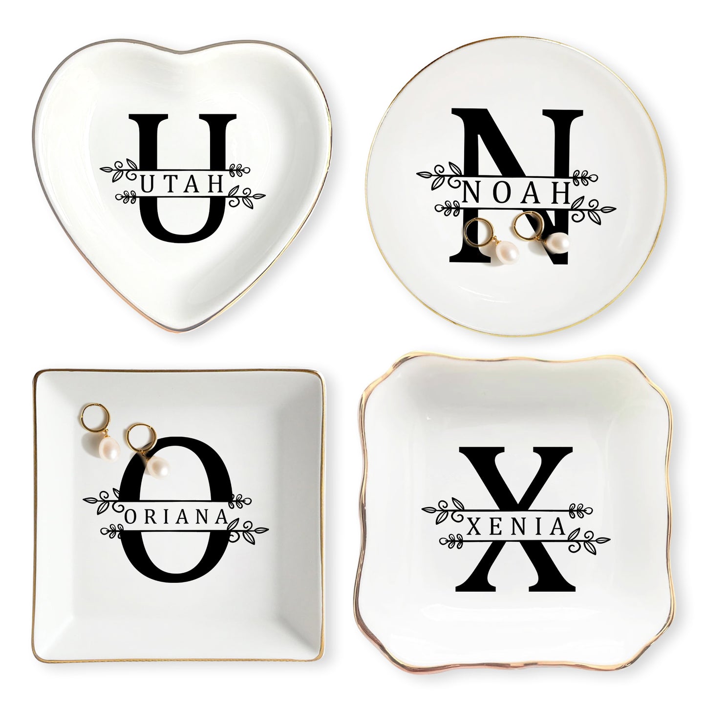 Netecom Custom Jewelry Tray with Floral Design and Initials, Personalized Ceramic Tray for Family Gifts, Weddings, or Mother’s Day