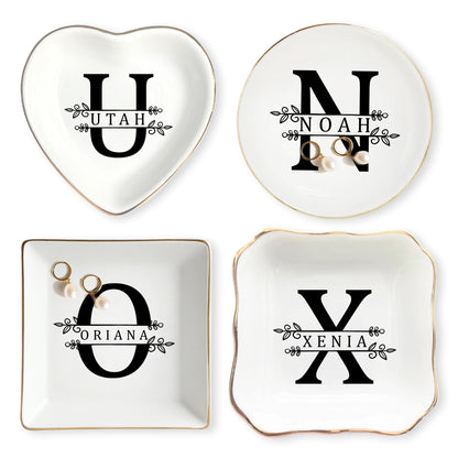 Netecom Custom Jewelry Tray with Floral Design and Initials, Personalized Ceramic Tray for Family Gifts, Weddings, or Mother’s Day