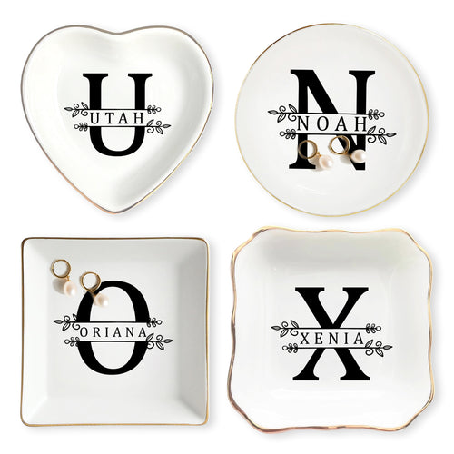 Netecom Custom Jewelry Tray with Floral Design and Initials, Personalized Ceramic Tray for Family Gifts, Weddings, or Mother’s Day
