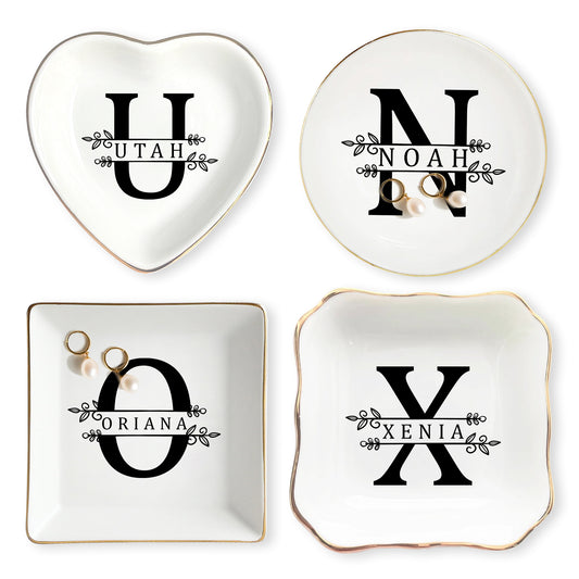 Netecom Custom Jewelry Tray with Floral Design and Initials, Personalized Ceramic Tray for Family Gifts, Weddings, or Mother’s Day