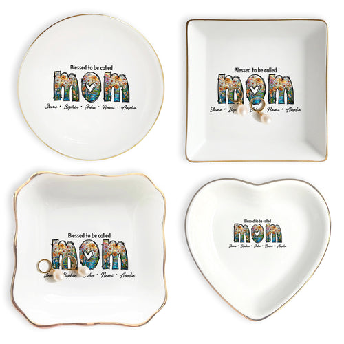 Netecom Gold Rim Trinket Dish with Custom Names under MOM, Unique Mother's Day Keepsake for Her
