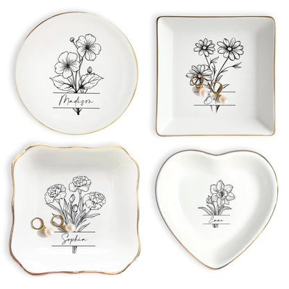 Netecom Personalized Birth Month Flower Ceramic Jewelry Tray , Custom Name Ring Dish Set , Elegant Bridesmaid Gift , Gold Rim Trinket Dish for Her
