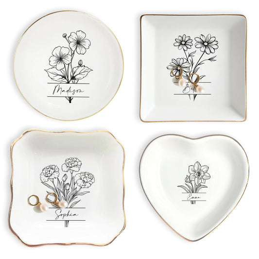 Netecom Personalized Birth Month Flower Ceramic Jewelry Tray , Custom Name Ring Dish Set , Elegant Bridesmaid Gift , Gold Rim Trinket Dish for Her