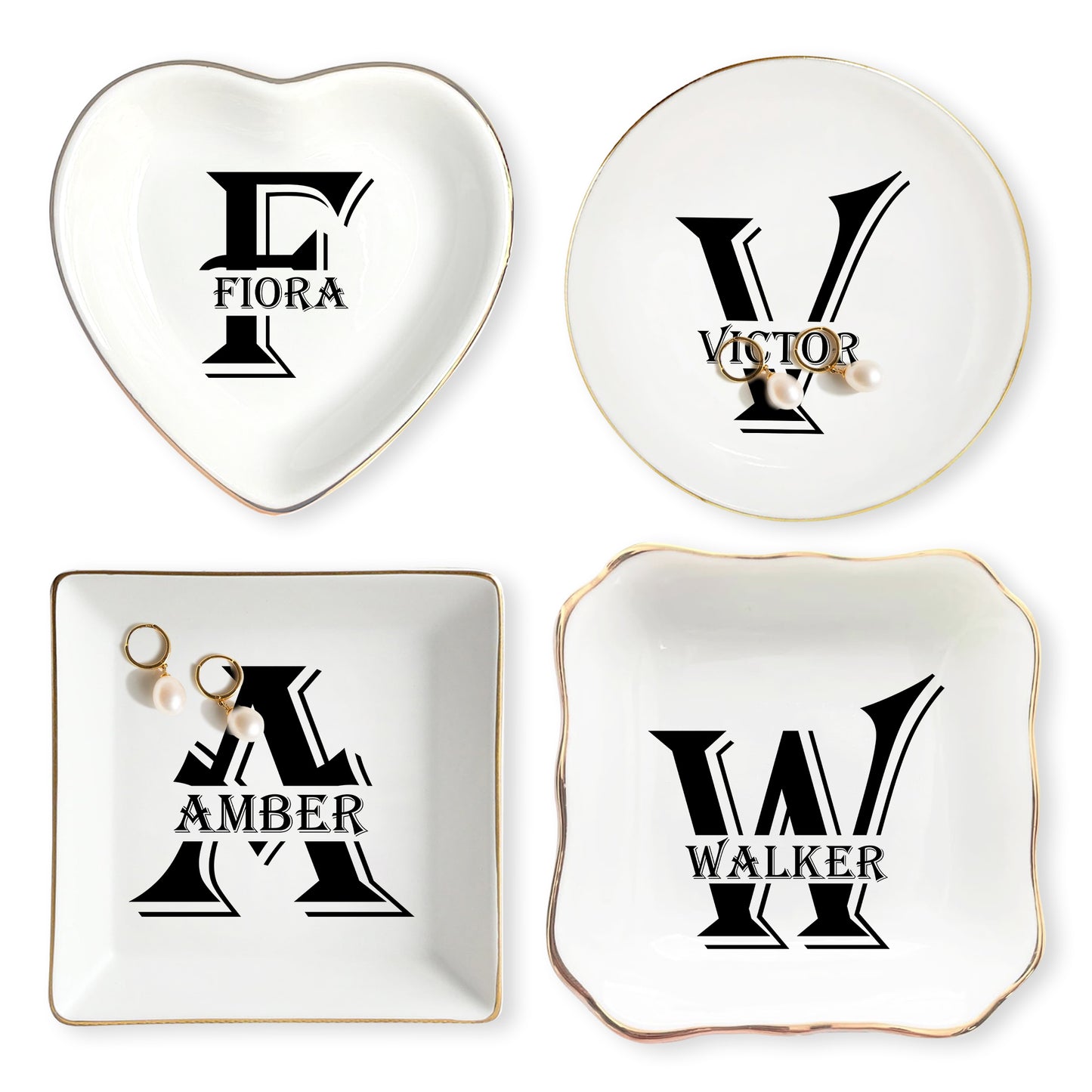 Netecom Personalized Ceramic Jewelry Tray with Custom Initials and Names, Elegant Gift for Weddings, Birthdays, or Special Occasions