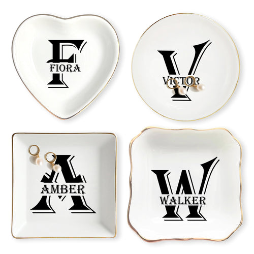 Netecom Personalized Ceramic Jewelry Tray with Custom Initials and Names, Elegant Gift for Weddings, Birthdays, or Special Occasions