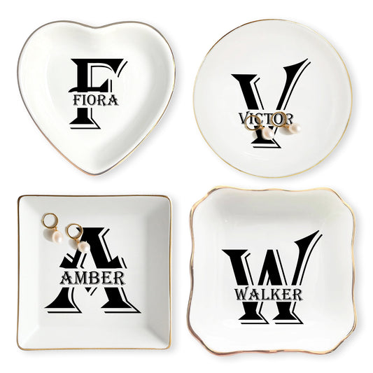 Netecom Personalized Ceramic Jewelry Tray with Custom Initials and Names, Elegant Gift for Weddings, Birthdays, or Special Occasions