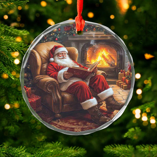 Netecom Santa Reading Naughty or Nice List Glass Ornament – Armchair & Fireplace Scene, Unique Christmas Keepsake, 3-inch