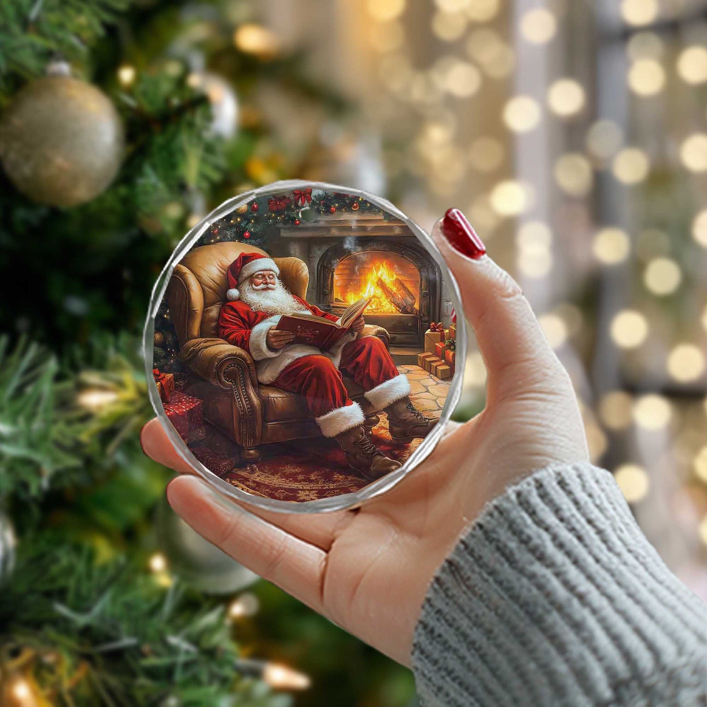 Netecom Santa Reading Naughty or Nice List Glass Ornament – Armchair & Fireplace Scene, Unique Christmas Keepsake, 3-inch