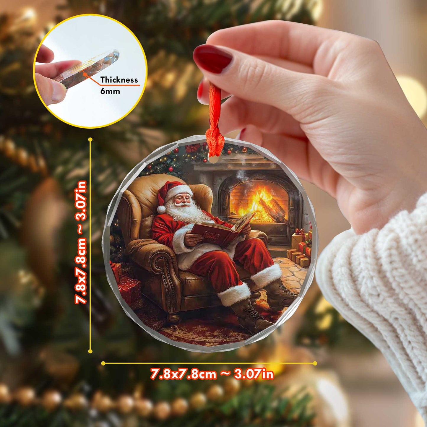 Netecom Santa Reading Naughty or Nice List Glass Ornament – Armchair & Fireplace Scene, Unique Christmas Keepsake, 3-inch