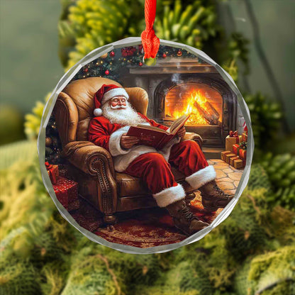 Netecom Santa Reading Naughty or Nice List Glass Ornament – Armchair & Fireplace Scene, Unique Christmas Keepsake, 3-inch