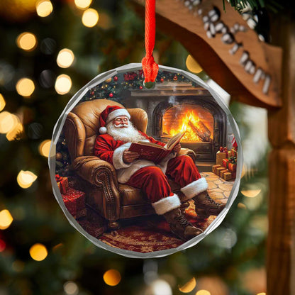 Netecom Santa Reading Naughty or Nice List Glass Ornament – Armchair & Fireplace Scene, Unique Christmas Keepsake, 3-inch