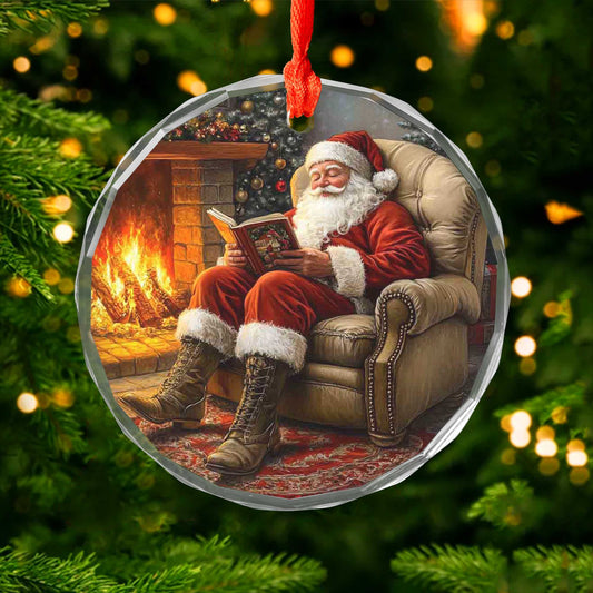 Netecom Cozy Santa Reading in Armchair Glass Ornament – Traditional Christmas Decor, Fireplace Scene Holiday Gift, 3-inch