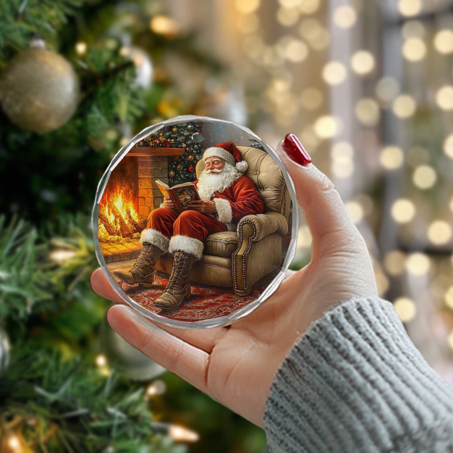 Netecom Cozy Santa Reading in Armchair Glass Ornament – Traditional Christmas Decor, Fireplace Scene Holiday Gift, 3-inch