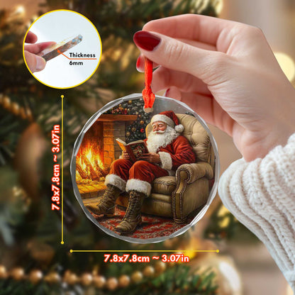 Netecom Cozy Santa Reading in Armchair Glass Ornament – Traditional Christmas Decor, Fireplace Scene Holiday Gift, 3-inch