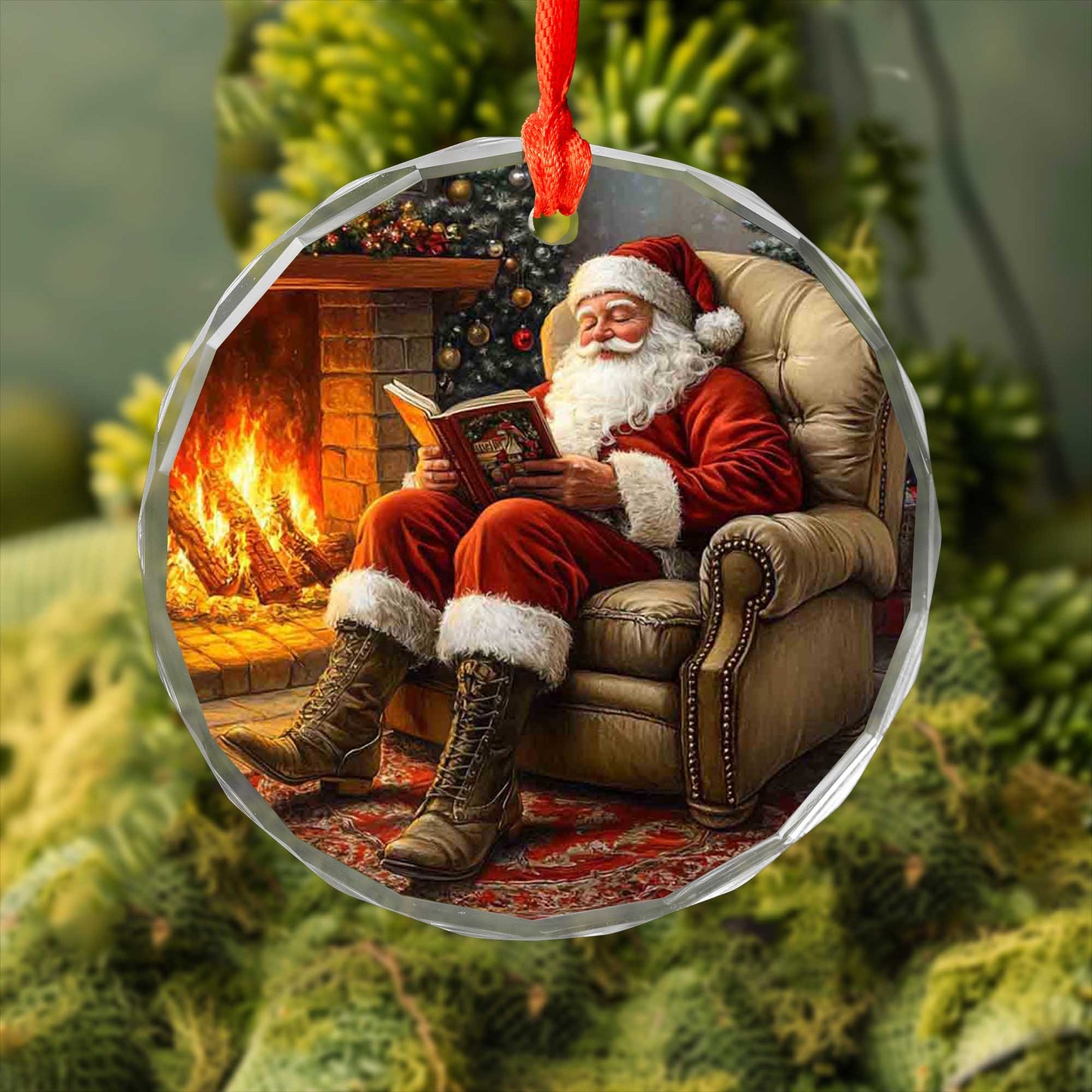 Netecom Cozy Santa Reading in Armchair Glass Ornament – Traditional Christmas Decor, Fireplace Scene Holiday Gift, 3-inch