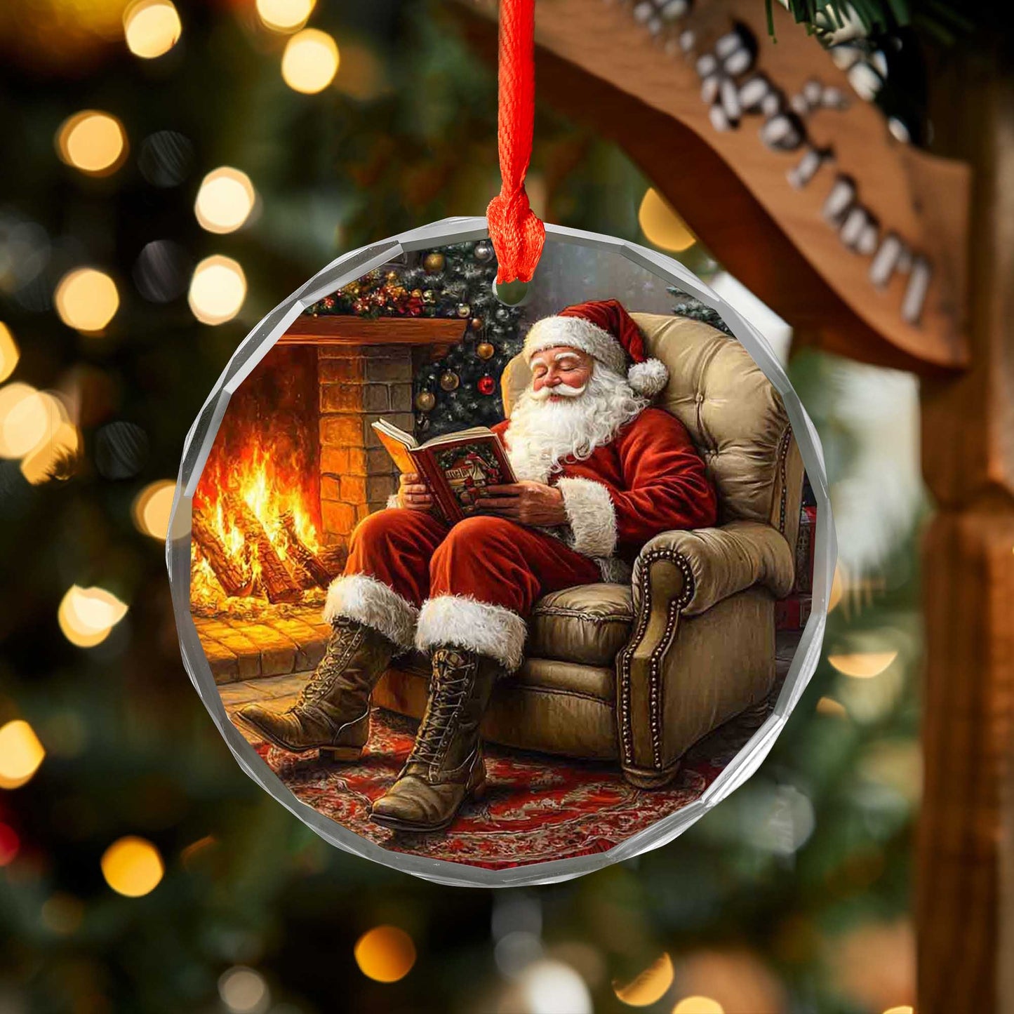 Netecom Cozy Santa Reading in Armchair Glass Ornament – Traditional Christmas Decor, Fireplace Scene Holiday Gift, 3-inch
