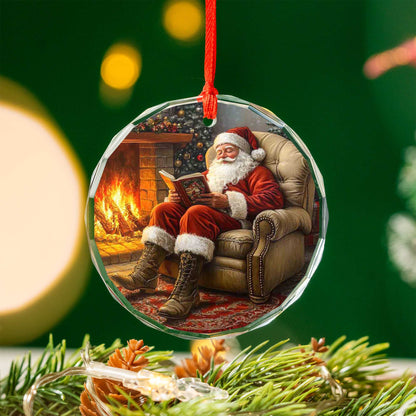 Netecom Cozy Santa Reading in Armchair Glass Ornament – Traditional Christmas Decor, Fireplace Scene Holiday Gift, 3-inch