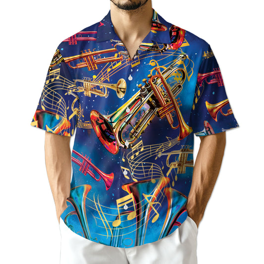 Netecom Retro Trumpet Pattern Hawaiian Shirt for Men, Musical Instruments Button Down Summer Beach Short Sleeve Shirts