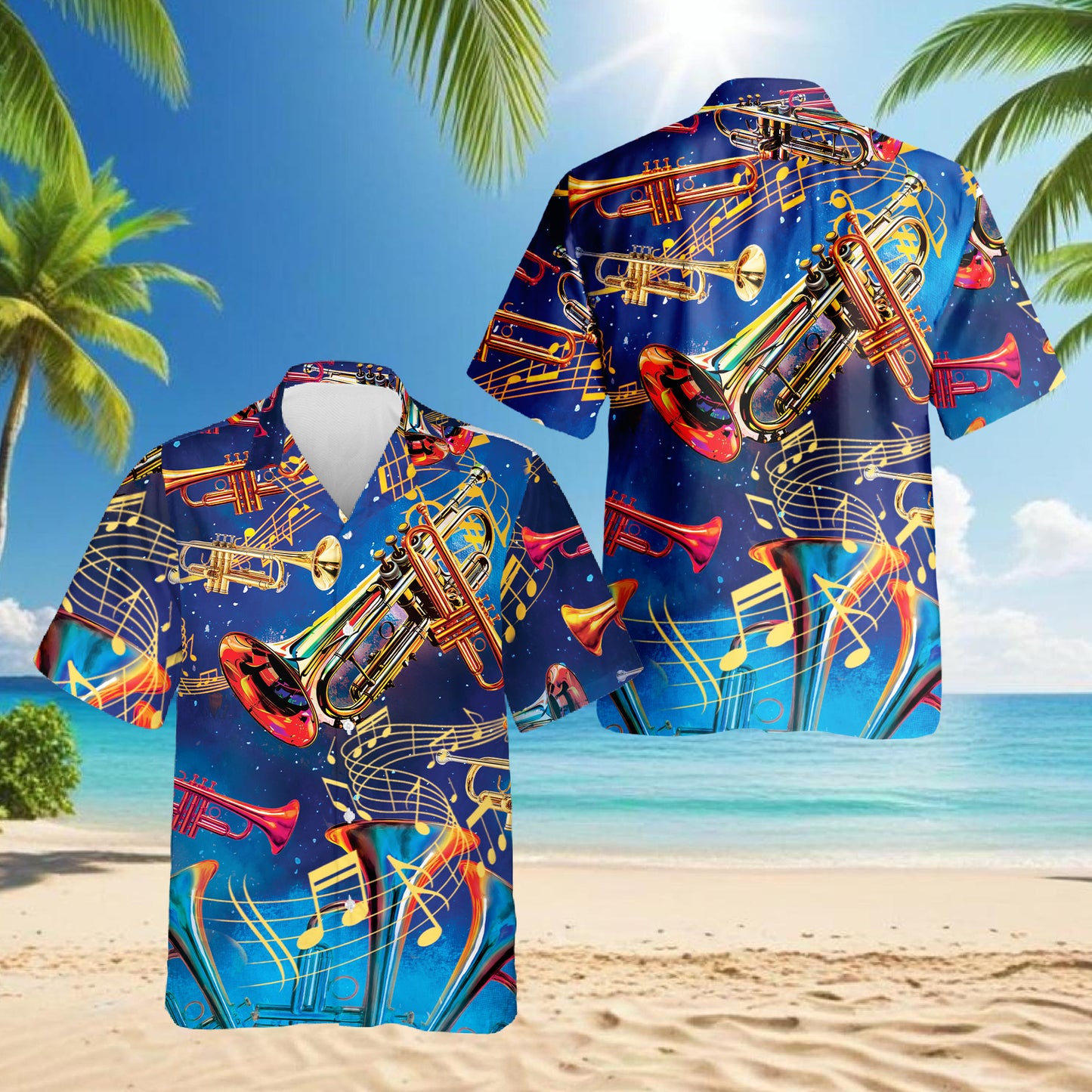 Netecom Retro Trumpet Pattern Hawaiian Shirt for Men, Musical Instruments Button Down Summer Beach Short Sleeve Shirts