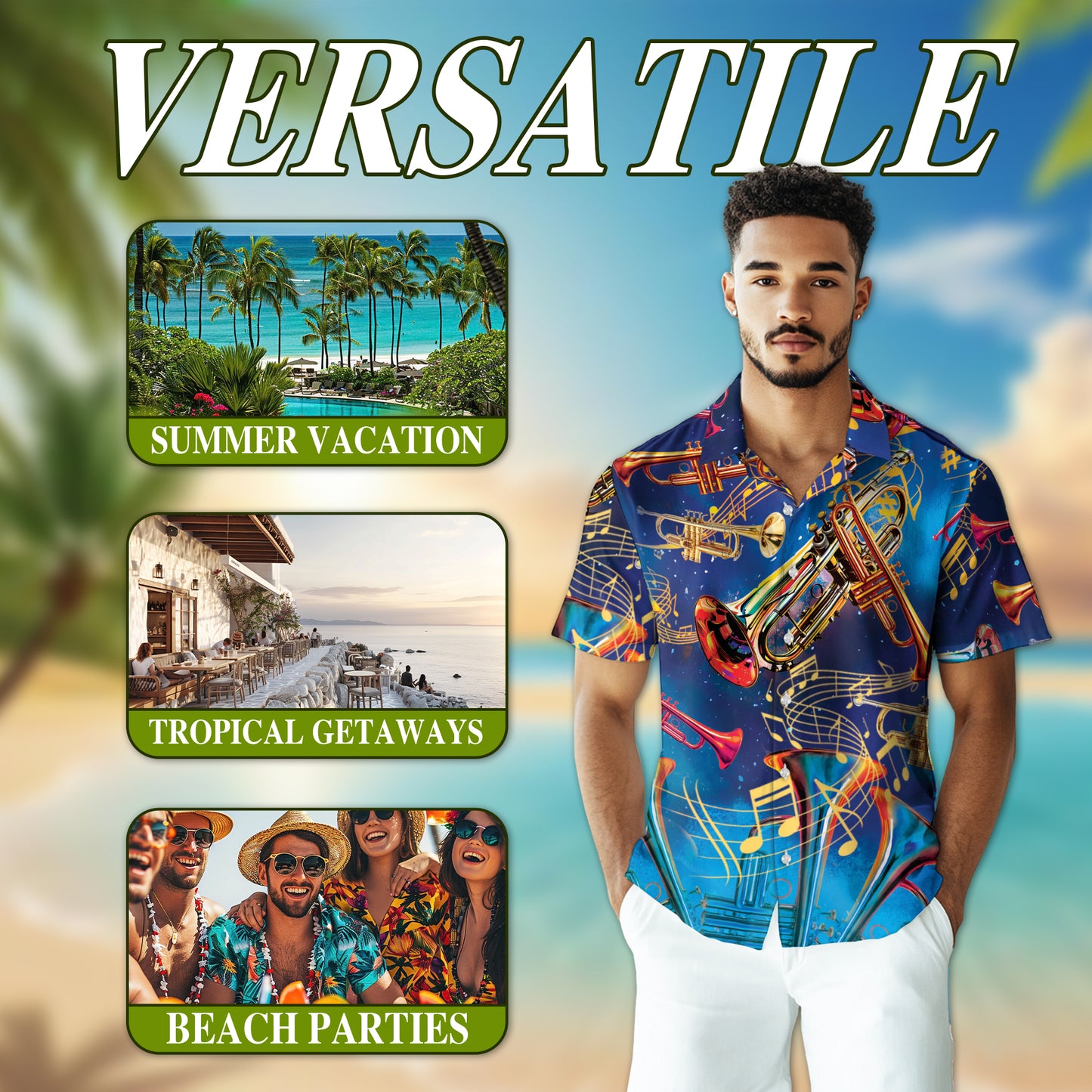 Netecom Retro Trumpet Pattern Hawaiian Shirt for Men, Musical Instruments Button Down Summer Beach Short Sleeve Shirts