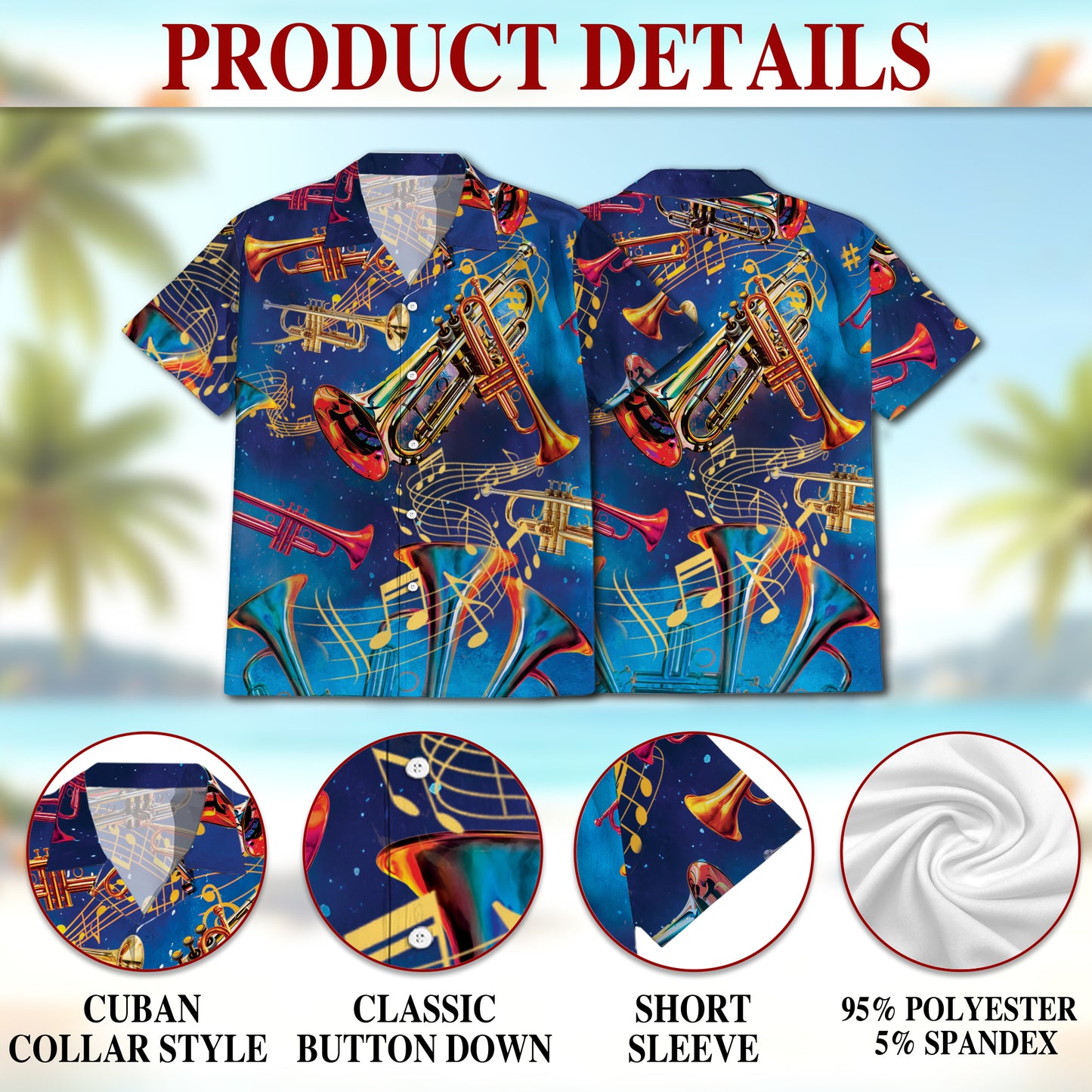 Netecom Retro Trumpet Pattern Hawaiian Shirt for Men, Musical Instruments Button Down Summer Beach Short Sleeve Shirts