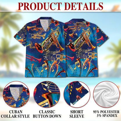 Netecom Retro Trumpet Pattern Hawaiian Shirt for Men, Musical Instruments Button Down Summer Beach Short Sleeve Shirts