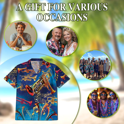 Netecom Retro Trumpet Pattern Hawaiian Shirt for Men, Musical Instruments Button Down Summer Beach Short Sleeve Shirts