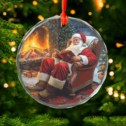 Netecom Storytelling Santa Glass Ornament – Reading by the Fireplace, Classic Christmas Tree Decoration & Gift, 3-inch