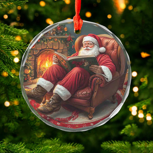 Netecom Santa Reading Christmas Story Glass Ornament – Cozy Armchair by Fireplace Decor, Holiday Keepsake Gift, 3-inch
