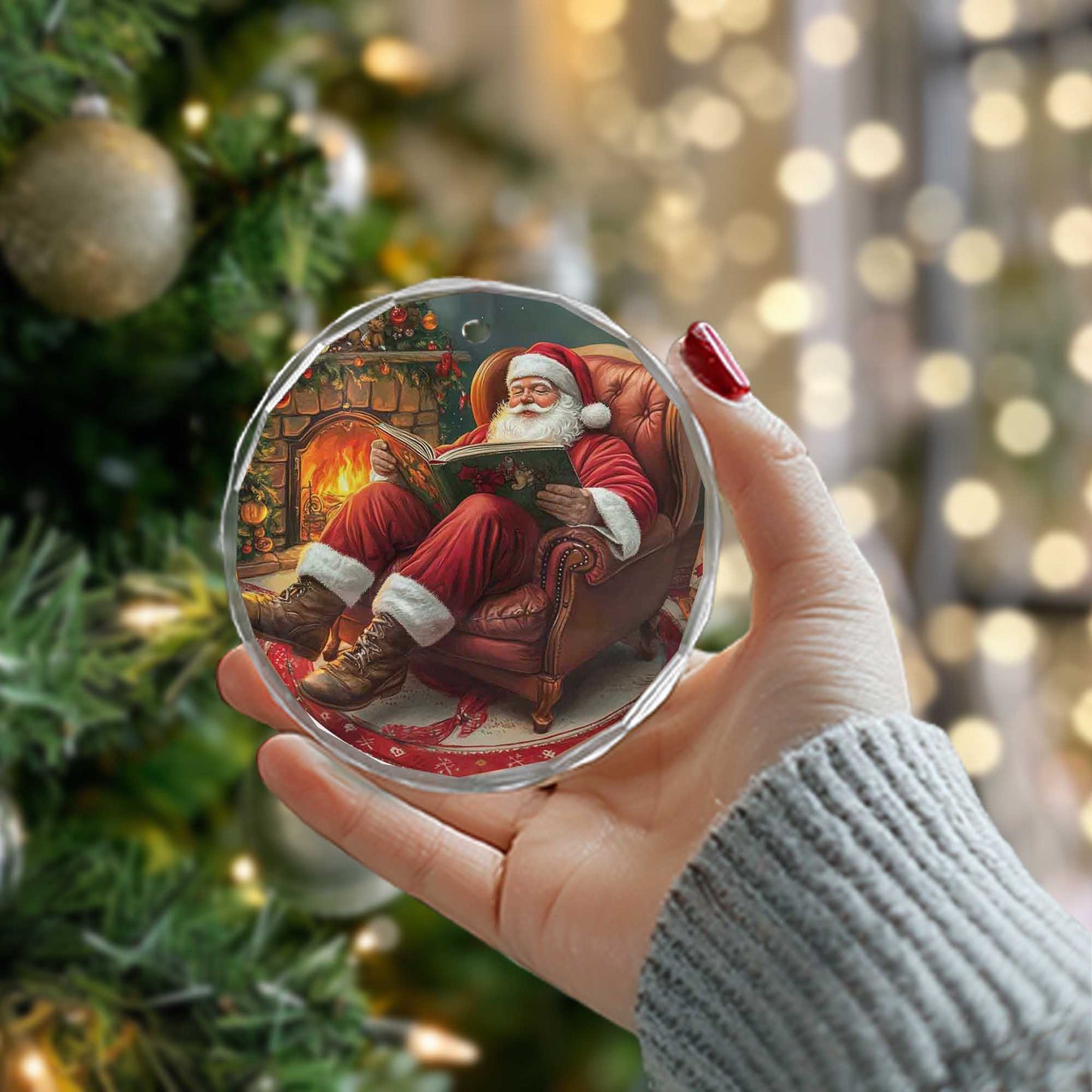 Netecom Santa Reading Christmas Story Glass Ornament – Cozy Armchair by Fireplace Decor, Holiday Keepsake Gift, 3-inch