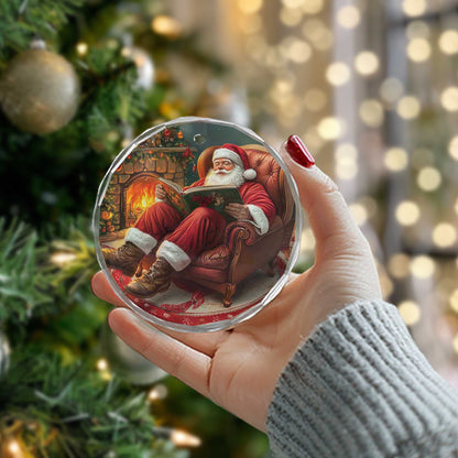 Netecom Santa Reading Christmas Story Glass Ornament – Cozy Armchair by Fireplace Decor, Holiday Keepsake Gift, 3-inch