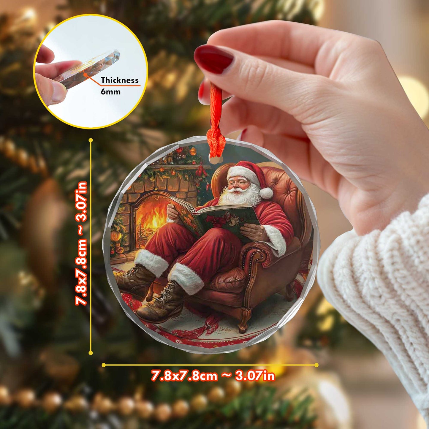 Netecom Santa Reading Christmas Story Glass Ornament – Cozy Armchair by Fireplace Decor, Holiday Keepsake Gift, 3-inch