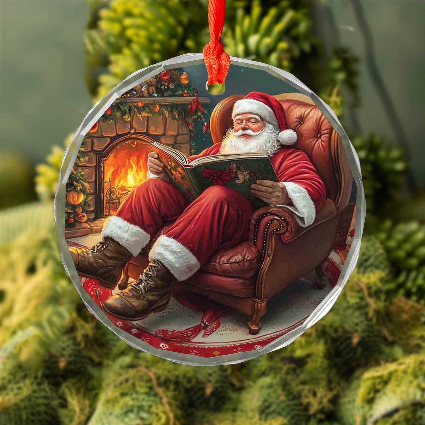 Netecom Santa Reading Christmas Story Glass Ornament – Cozy Armchair by Fireplace Decor, Holiday Keepsake Gift, 3-inch