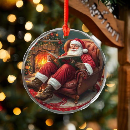 Netecom Santa Reading Christmas Story Glass Ornament – Cozy Armchair by Fireplace Decor, Holiday Keepsake Gift, 3-inch