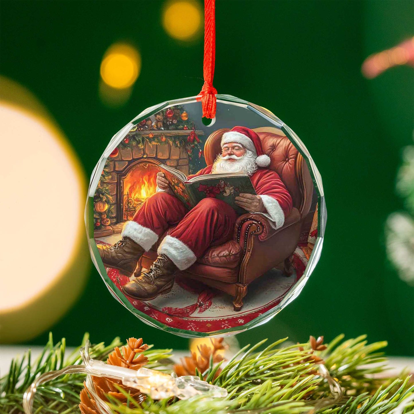 Netecom Santa Reading Christmas Story Glass Ornament – Cozy Armchair by Fireplace Decor, Holiday Keepsake Gift, 3-inch