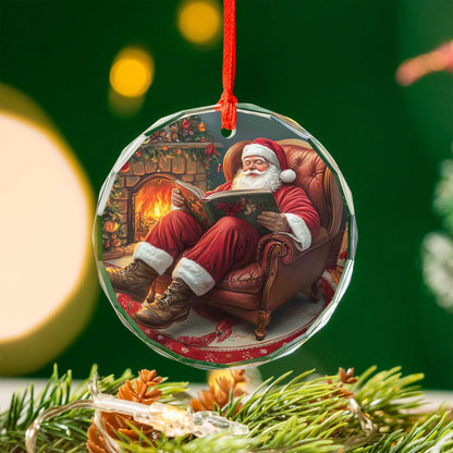 Netecom Santa Reading Christmas Story Glass Ornament – Cozy Armchair by Fireplace Decor, Holiday Keepsake Gift, 3-inch