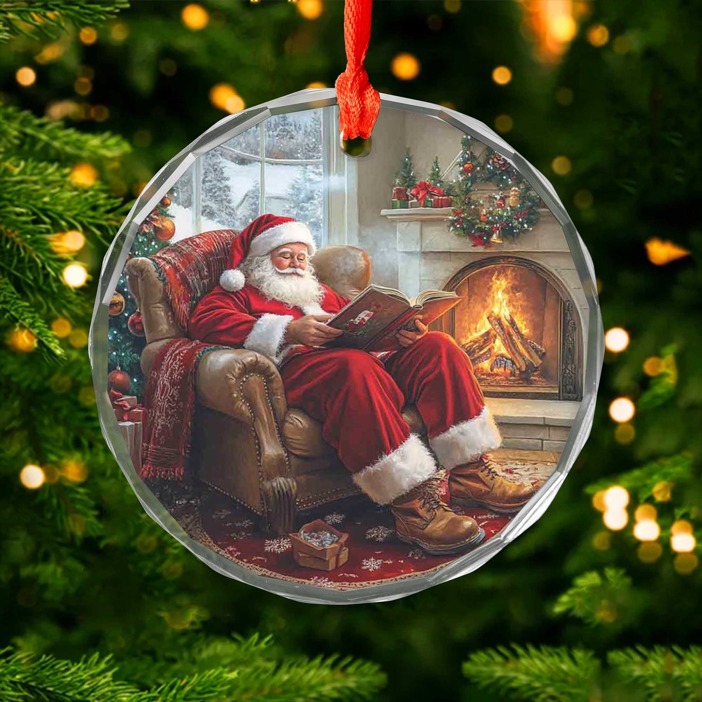 Netecom Santa's Quiet Moment Glass Ornament – Reading in Armchair by Fireplace, Classic Christmas Tree Decoration, 3-inch