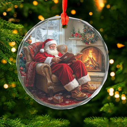 Netecom Santa's Quiet Moment Glass Ornament – Reading in Armchair by Fireplace, Classic Christmas Tree Decoration, 3-inch