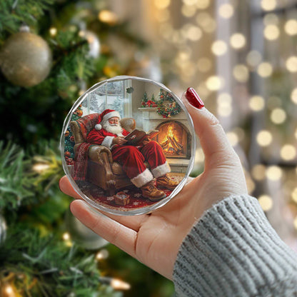 Netecom Santa's Quiet Moment Glass Ornament – Reading in Armchair by Fireplace, Classic Christmas Tree Decoration, 3-inch