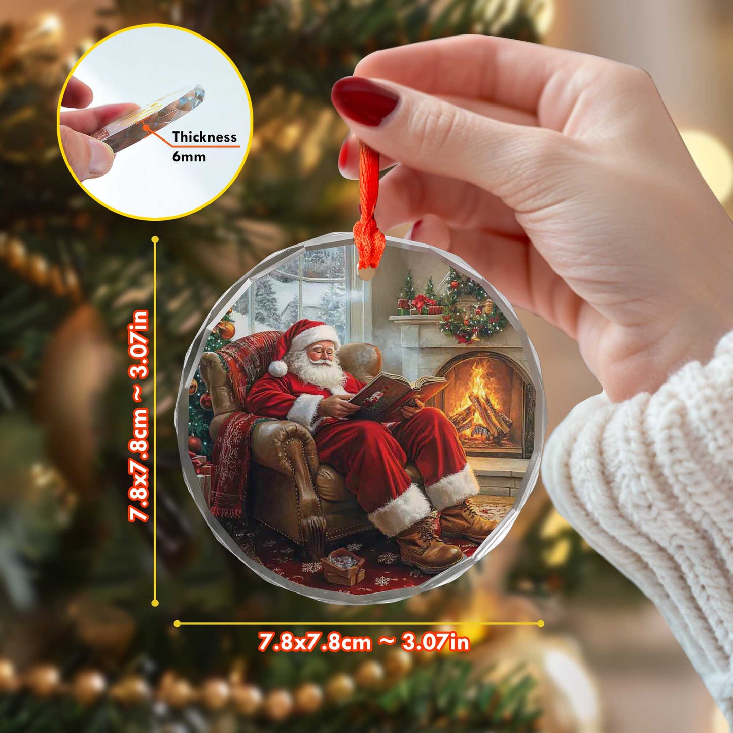 Netecom Santa's Quiet Moment Glass Ornament – Reading in Armchair by Fireplace, Classic Christmas Tree Decoration, 3-inch