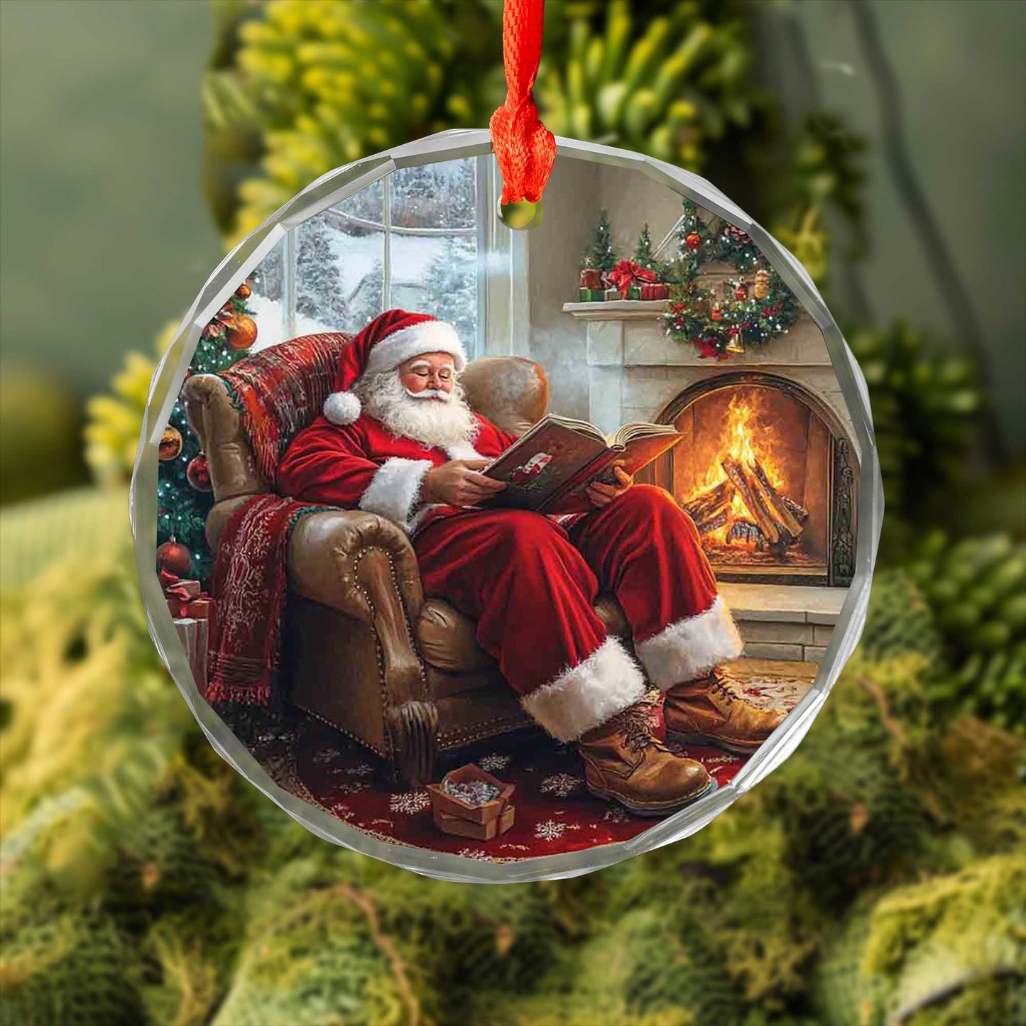 Netecom Santa's Quiet Moment Glass Ornament – Reading in Armchair by Fireplace, Classic Christmas Tree Decoration, 3-inch